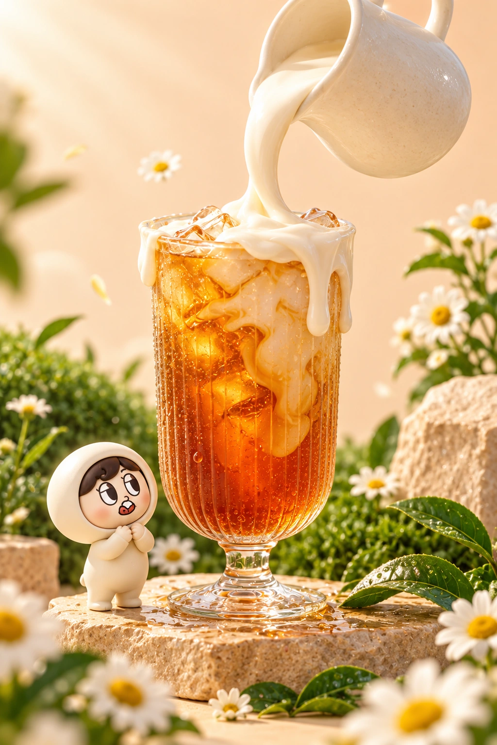 奶蓋如絲帶般注入茶杯，抿寶在杯邊仰望